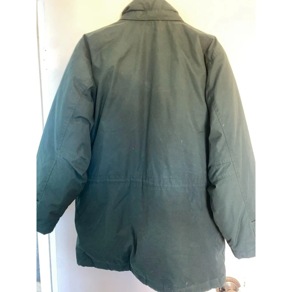 Lands' End Long Jacket Men Medium Green Down Fill Line‎ Snap Front Inside Zip